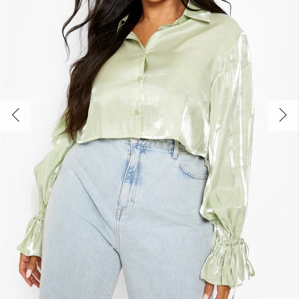 Shimmer satin tie cuff blouse